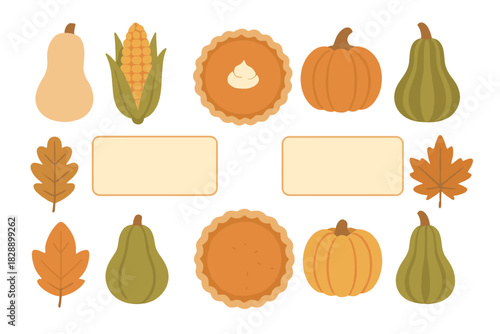 Festive autumn harvest collection featuring pumpkins gourds corn pies and colorful fall leaves