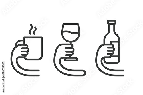 Collection of three minimalist pictograms showing hands holding different beverages like coffee, wine, and spirits
