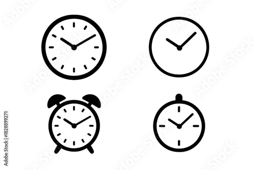 Set of simple analog clock and alarm clock symbols for timing and scheduling