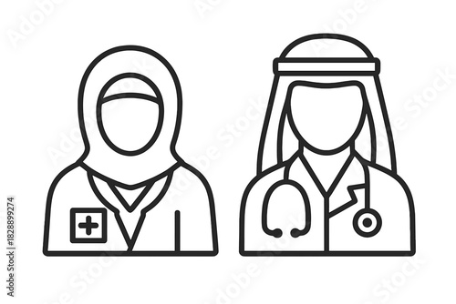 Professional medical team featuring Arab woman and man wearing traditional head coverings and uniforms