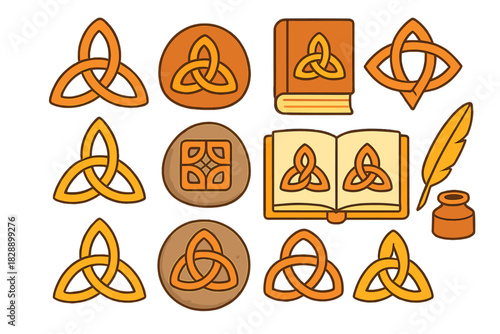 Traditional Celtic knot symbols, Triquetra designs, ancient book, and writing tools set