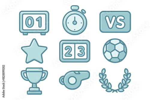 Essential sports competition icons set including trophy, stopwatch, soccer ball, and scoreboard