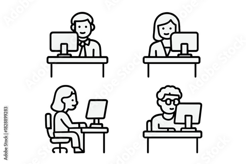 Diverse group of workers using desktop computers at their desks outline style