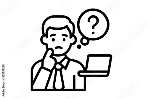 Confused businessman holding a laptop with a question mark thought bubble