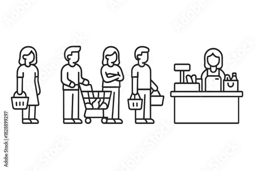 Customers waiting in line at supermarket checkout counter with shopping carts and baskets