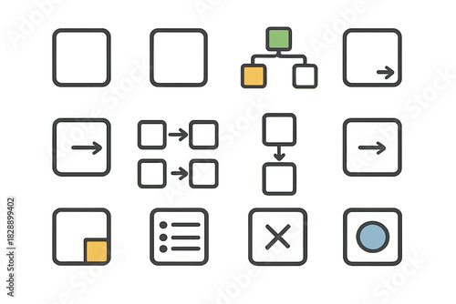 Collection of simple user interface icons for flowcharts and organizational diagrams