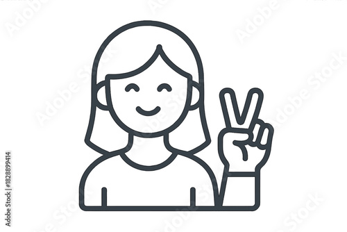 Happy young adult making a peace sign gesture with hand icon simple outline style