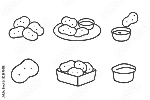 Various servings of fried potato nuggets and tater tots with dipping sauce containers