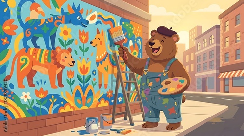 A cheerful bear artist wearing overalls and a beret joyfully paints a colorful folk art mural on a city brick wall