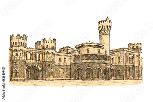 Detailed architectural drawing of an old European castle or palace featuring towers and arches