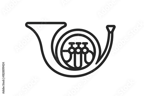 Clean outline drawing of a French horn brass musical instrument used in classical music orchestras