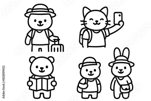 Cute cartoon animal characters traveling set including bears and a cat tourist taking a selfie and reading a map