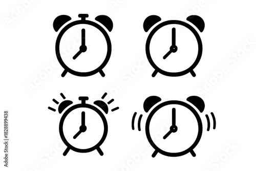 Collection of four different black alarm clock icons for time management and waking up