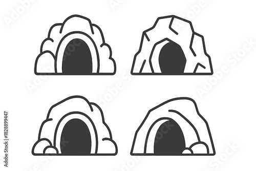 Four distinct black and white cave and den entrances symbols representing natural shelter locations