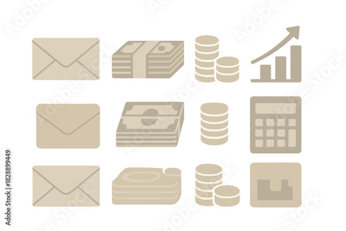 Financial and business symbols set featuring money, envelopes, charts, and calculator graphics
