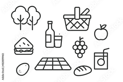 Simple black line elements for a summer picnic including food, drinks, basket, and blanket