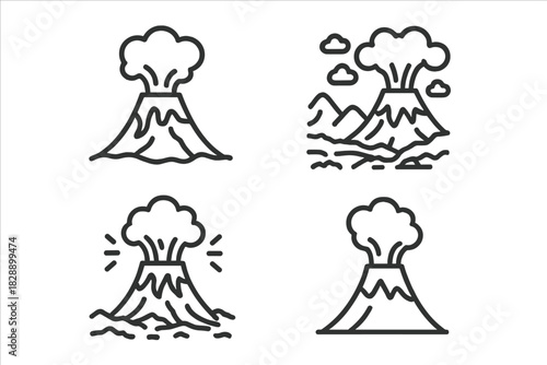Volcanic activity symbols: eruption, mountain landscape, smoke, and geological hazard