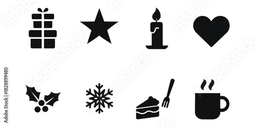  christmas silhouette icon set. set of Christmas silhouette icon. Collection of christmas and holiday themed black silhouette icons on white