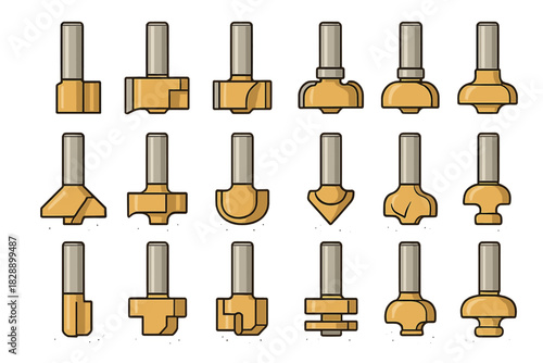Set of essential woodworking tools featuring various profiles of router bits and cutters