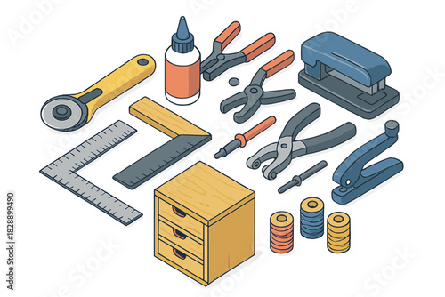Isometric arrangement of essential crafting tools, supplies, and DIY equipment including stapler, ruler, and rotary cutter