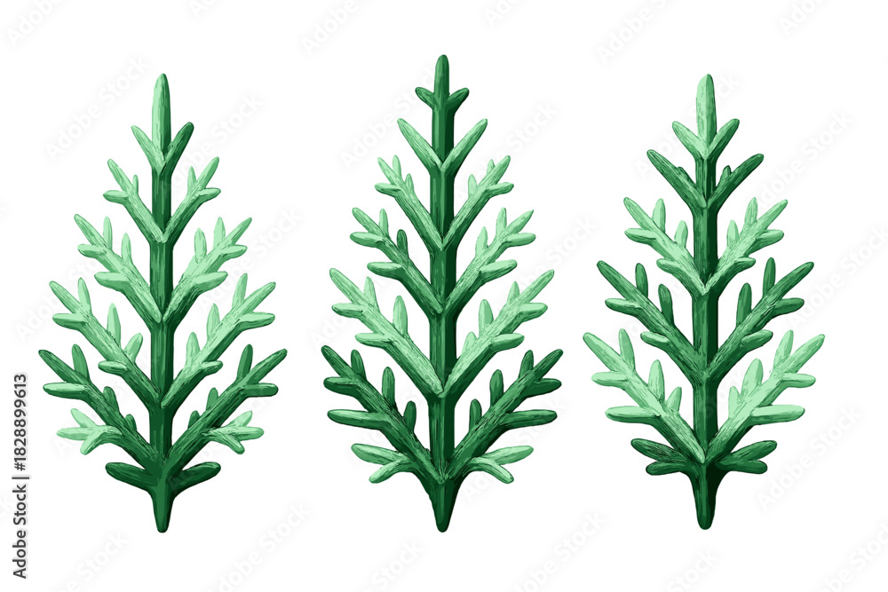 Fototapeta premium Three decorative green foliage elements with textured brush strokes isolated on white