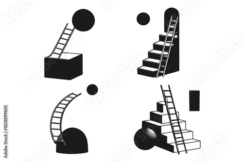 Abstract geometric compositions featuring ladders, stairs, and spheres representing progress and challenge