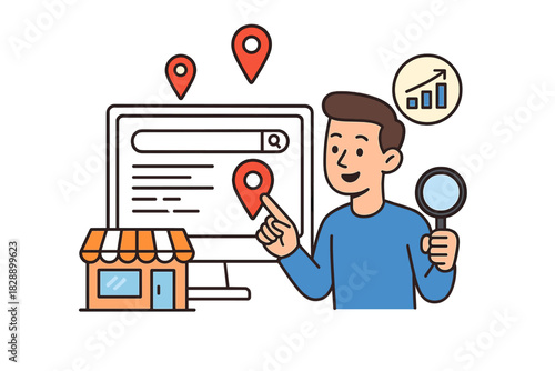 Man searching for local business location data online using a computer monitor