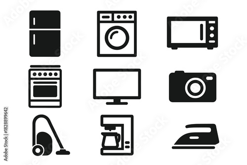 Black silhouette domestic household appliances and consumer electronics devices set