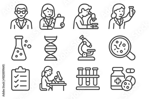 Essential laboratory and medical research line symbols for scientific concepts and analysis
