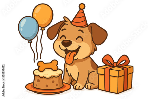 Cute cartoon dog wearing a striped party hat celebrating a birthday with cake and presents