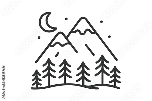 Scenic nature landscape outline with towering mountains, evergreen forest, and celestial moon
