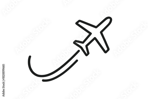Minimalist black icon of an airplane in flight with a curved path symbolizing movement and travel