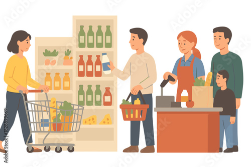 Customers shopping for food and daily essentials in a modern supermarket or grocery store
