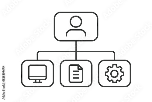 User management system diagram showing a person connected to computer, document, and settings icons