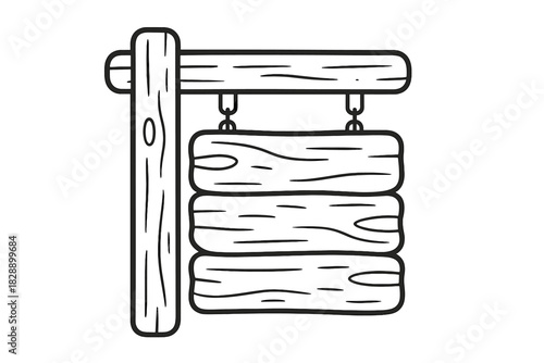 Rustic wooden signpost structure with three blank planks hanging from a crossbar