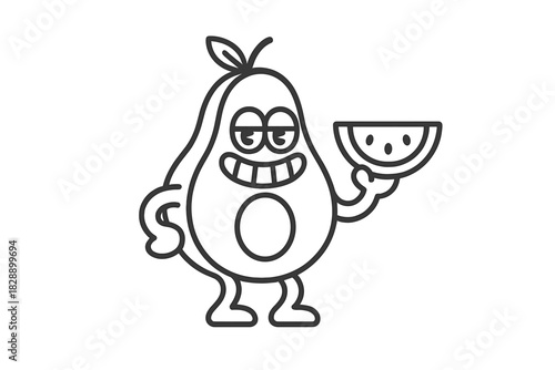 Happy anthropomorphic avocado character holding a refreshing slice of watermelon