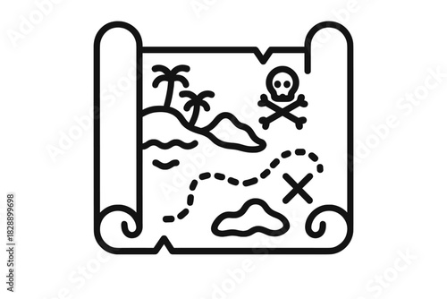 Classic rolled pirate treasure map showing a dotted path to the hidden mark on a tropical island