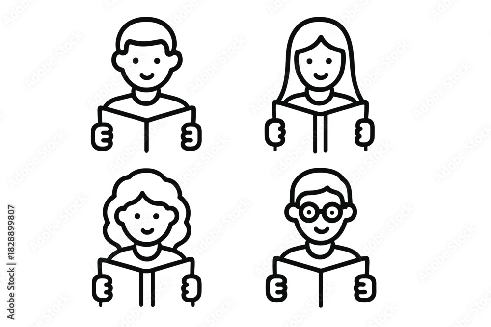Obraz premium Diverse group of people reading books and smiling, education and literacy icons set