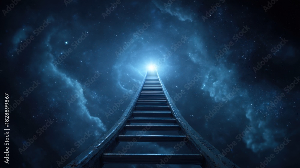 Fototapeta premium Surreal Staircase Ascending into Bright Cosmic Light Surrounded by Mystical Clouds and Stars in a Dreamlike Night Sky Environment