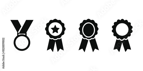 award rosettes silhouette icon. Set of black and white medals and award rosettes vector illustration