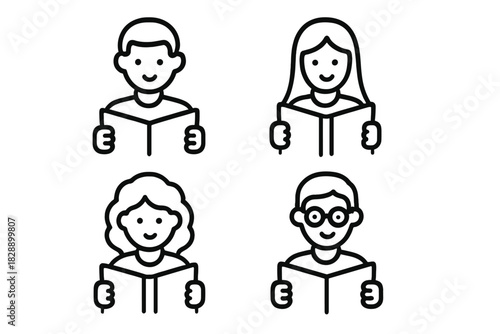 Diverse group of people reading books and smiling, education and literacy icons set