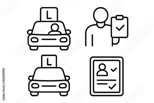 Driving school and license test symbols showing learner car, instructor, and completion documents