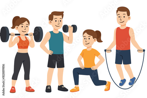 Group of adults performing fitness workouts with dumbbells, barbell, and jump rope