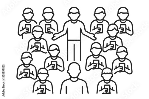 Central figure speaking to a large group of individuals holding and using mobile phones