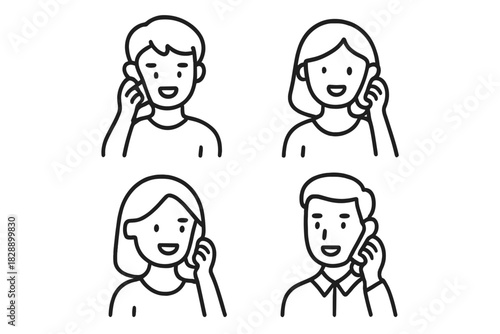 Set of four diverse people smiling while talking on mobile phones, simple line art