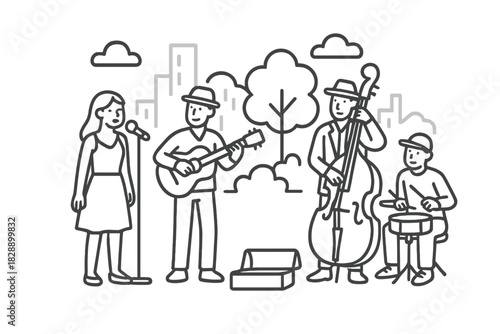 Four musicians busking outdoors in a city park, performing live music for passersby in an urban setting