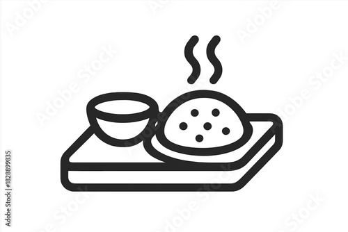 Steaming hot food serving icon featuring a bowl of rice and soup on a rectangular tray