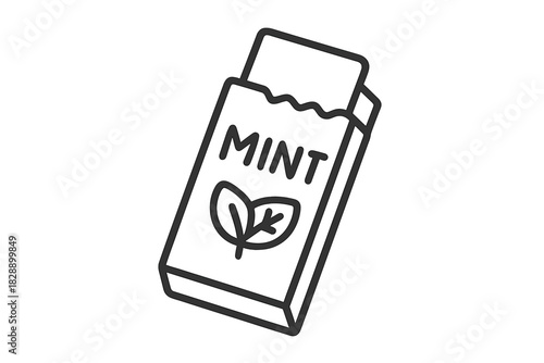 Minimalist outline of an open mint or chewing gum package with a leaf graphic