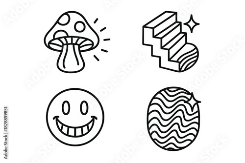Retro psychedelic line art stickers featuring a glowing mushroom and happy face