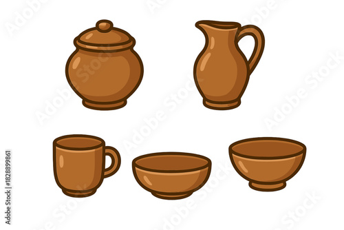 Traditional brown earthenware kitchen utensils set including pot, pitcher, mug, and bowls